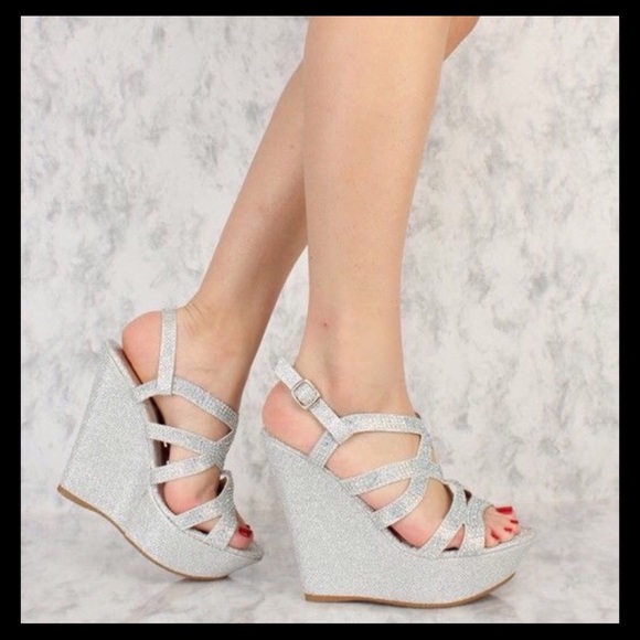 Forever Shoes Shoes - Silver Rhinestone Shimmer Platform Wedges